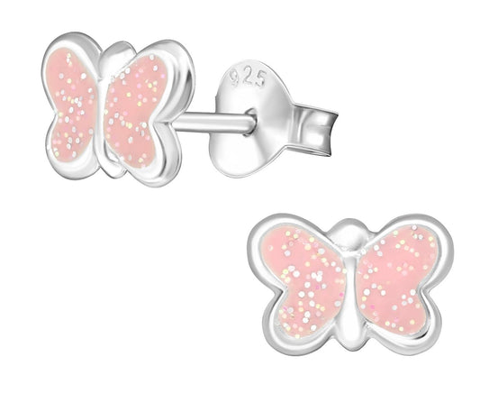 Children's Sterling Silver Light Pink Glitter Butterfly Earrings