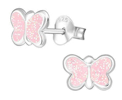 Children's Sterling Silver  Pink Glitter Butterfly Stud Earrings