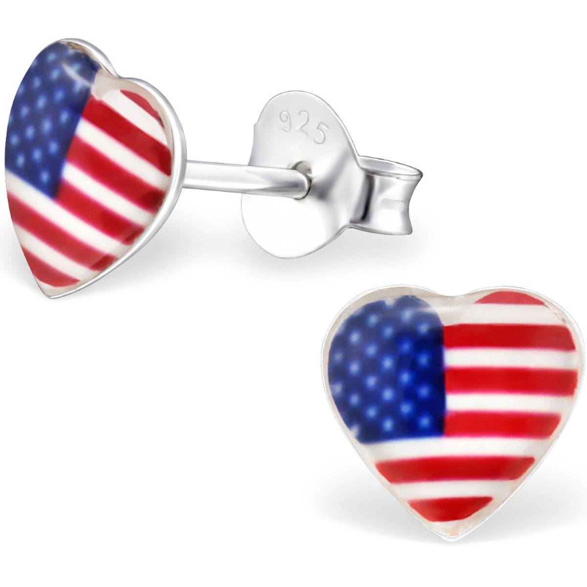 Children Silver Usa Flag Stud Heart Earrings