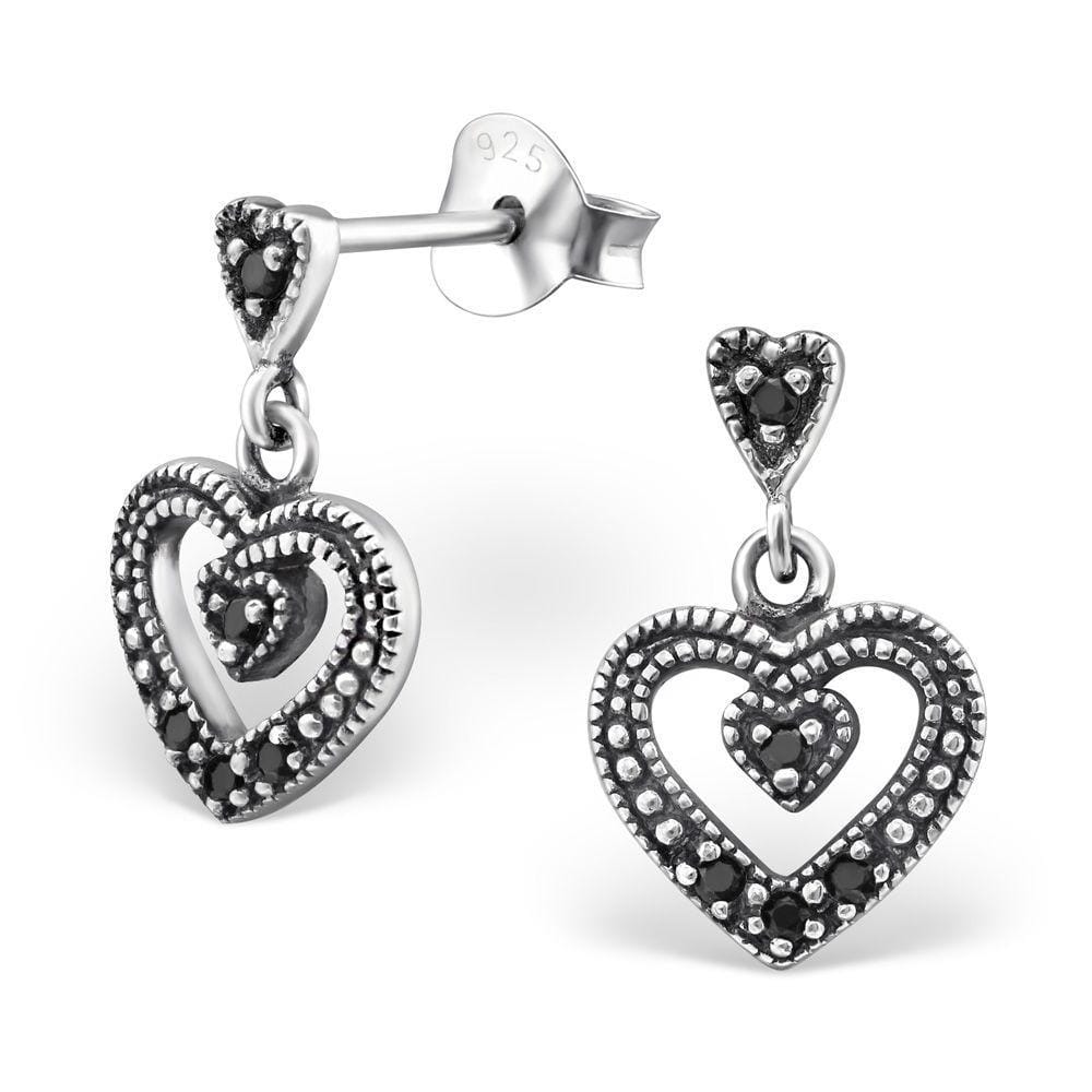 Cubic Zirconia Silver Hanging Heart Studs Earrings-Black Spinel
