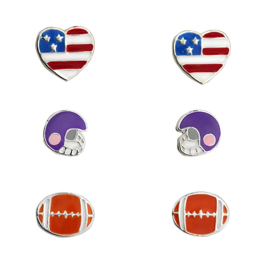 Kids Sterling Silver Football Soccer Earrings - 3 Pairs