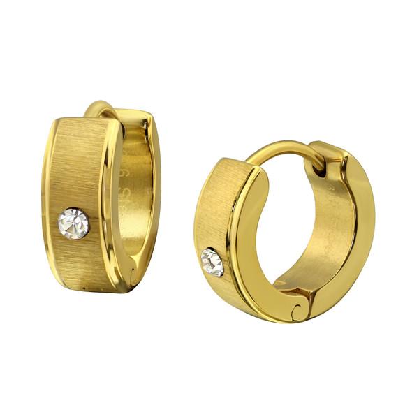 Gold Steel Huggie Earrings With Crystal