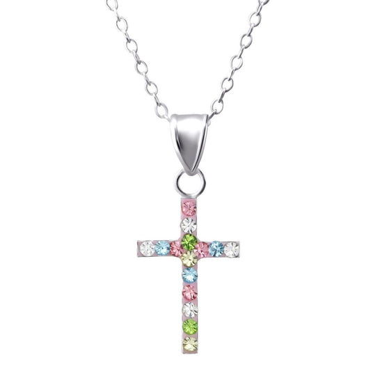 Childrens Multicolor Sterling Silver Cross Necklace