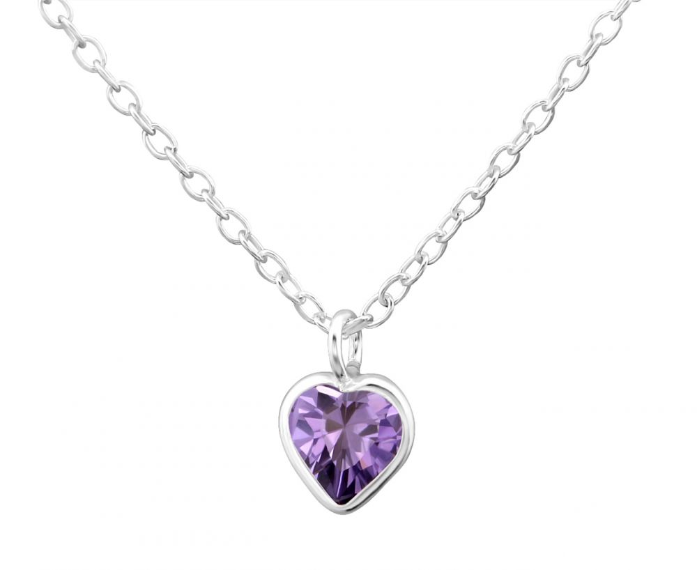 Children's Silver and CZ Amethyst Crystal Heart Necklace