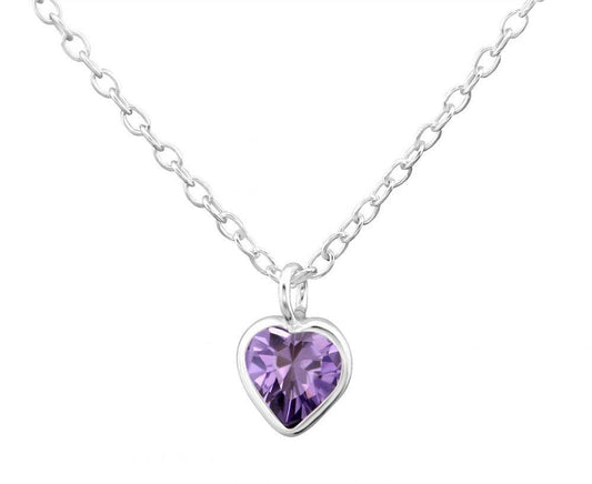 Children's Silver and CZ Amethyst Crystal Heart Necklace