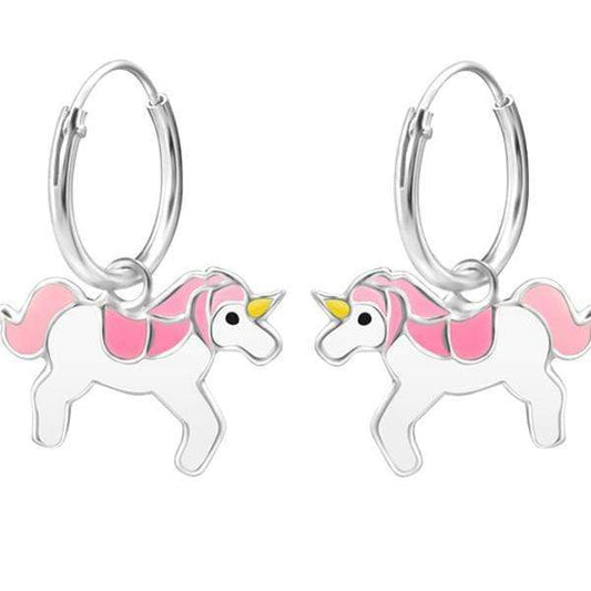 Children's Sterling Silver Unicorn Pink Hoop Earrings
