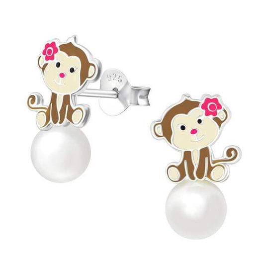 Kids Silver Monkey Pearl  Earrings