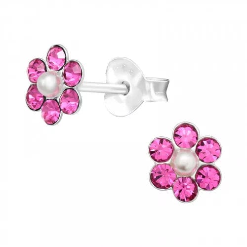 Children's Silver Pearl and Crystal Flower Stud Earrings