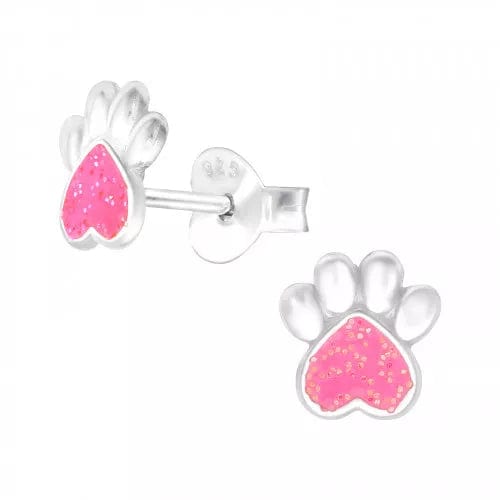Children's Silver Pink Glitter Print Paw Stud Earrings with Epoxy