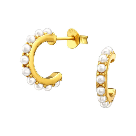 Gold White Pearl Half Hoop Stud Earrings