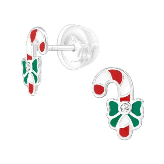 Kids Sterling Silver Candy Cane Christmas Earrings