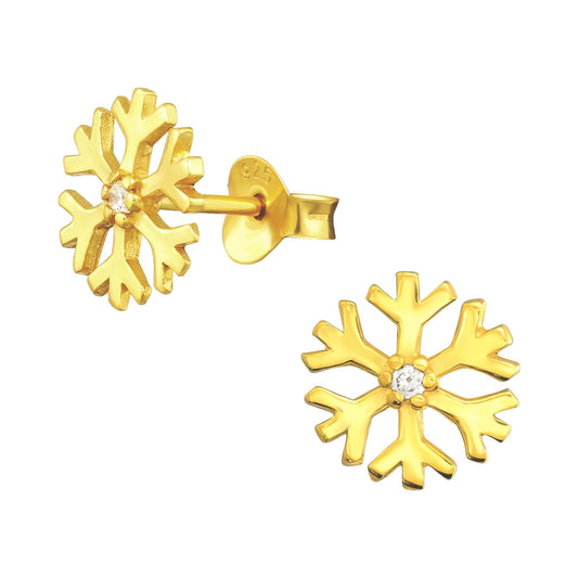 Gold CZ Crystal Snowflake Stud Earrings