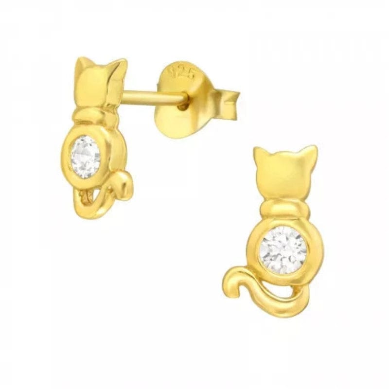 Gold Cat Stud Earrings with Cubic Zirconia