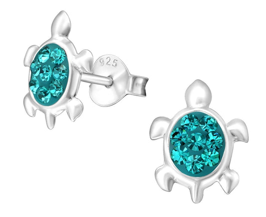 Children's Silver Turtle Blue Zircon Crystal Ear Studs