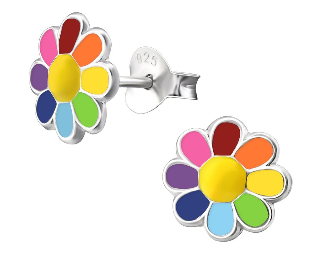 Childrens Silver Flower Colorful Ear Studs