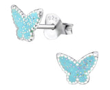 Kids Silver Butterfly Light Blue Glitter Ear Studs
