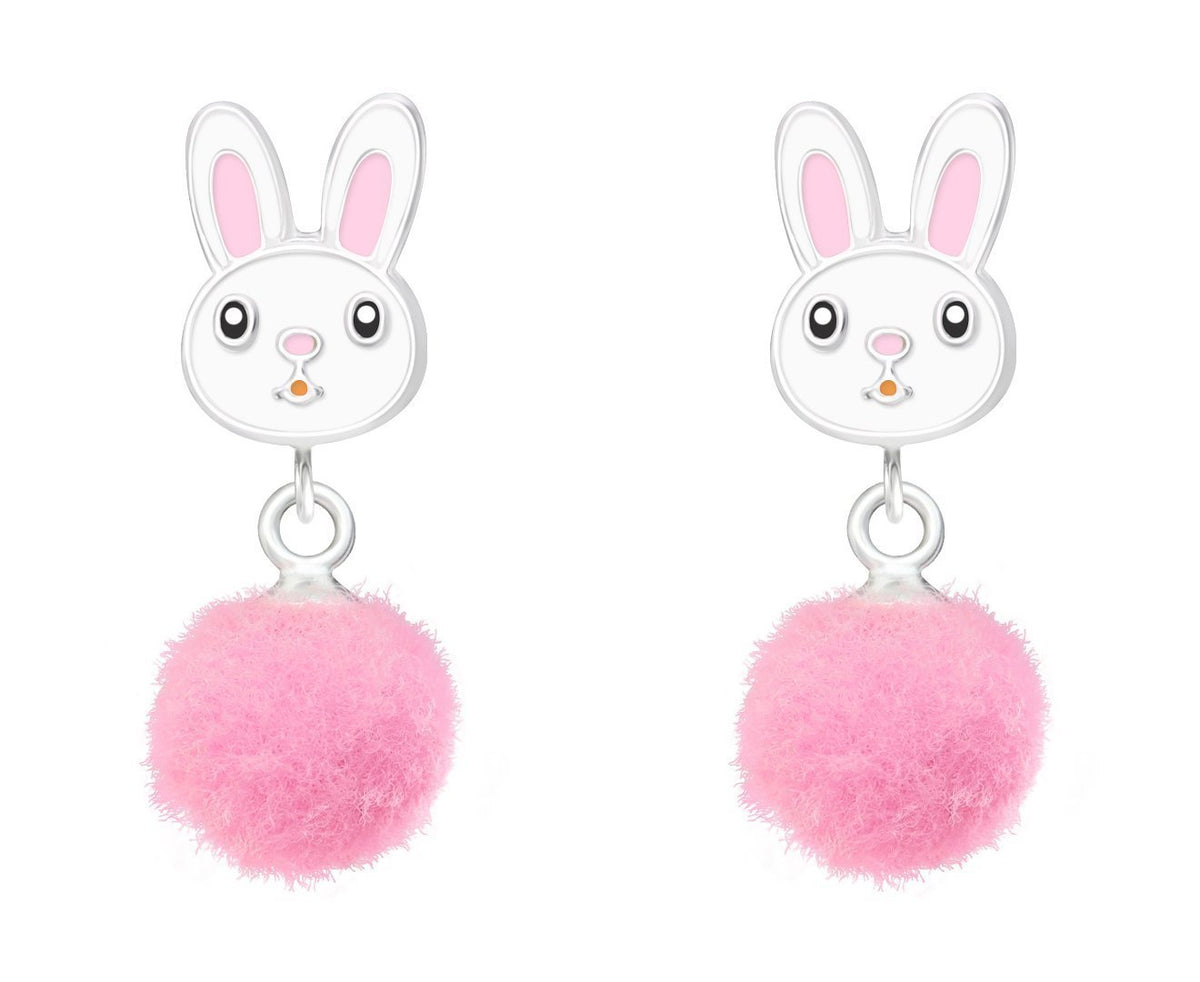 Children's Silver Rabbit Pom Pom Ear Studs