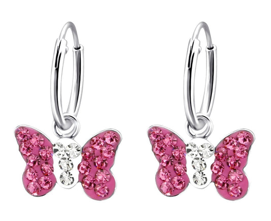 Children's Silver Hanging Butterfly Crystal Ear Hoops