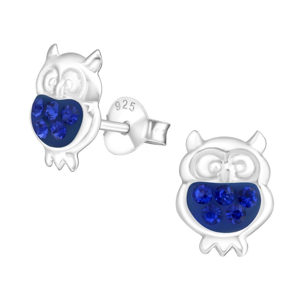 Children's Silver Sapphire Owl Crystal Ear Studs