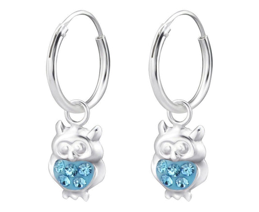 Children's Silver Hanging Owl Crystal Hoop Earrings