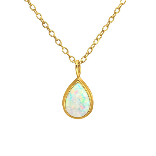 Gold Pear Fire Snow Opal Necklace