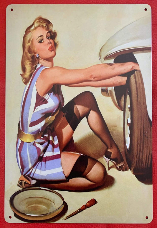 Lady with a Flat Tyre Metal TIn Sign Poster