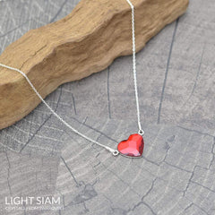 Silver  Heart Light Siam Silver  Heart  Necklace 