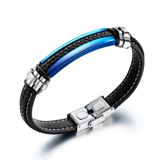 Blue Steel Mens Braided Leather Bracelet