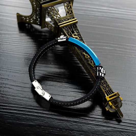 Blue Steel Mens Braided Leather Bracelet