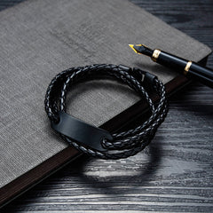 Double-Deck Black Leather ID Bracelet