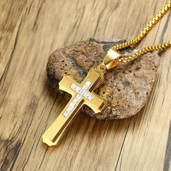 Stainless Steel CZ Gold Cross Necklace