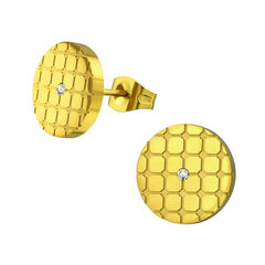 Gold Surgical Crystal Steel Round Stud Earrings