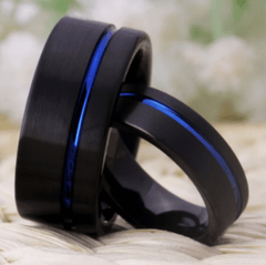 Blue inlay Black Wedding Engagement Ring for Couple