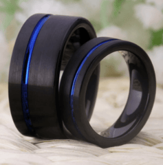 Blue inlay Black Wedding Engagement Ring for Couple