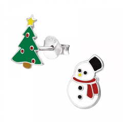 Kids Silver Christmas Tree and Snowman Stud Earrings