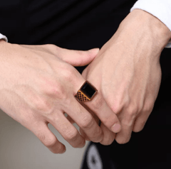 Checkerboard Black And Gold Gemstone Mens Ring