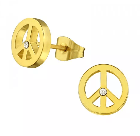 Gold Crystal Steel Peace Sign Stud Earrings
