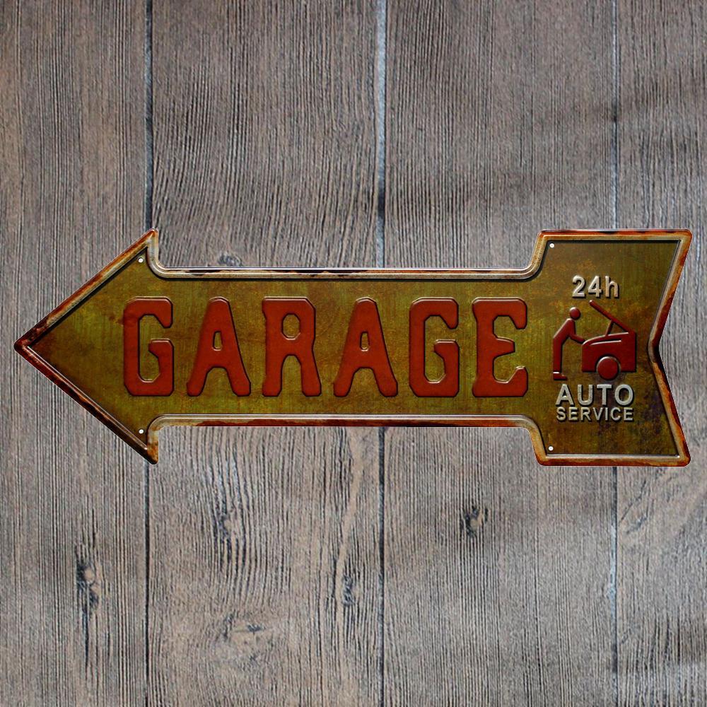Garage 24 Hrs Arrow Metal Tin Sign Poster