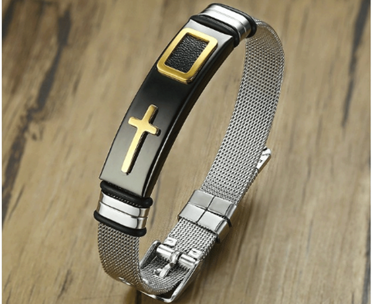 Adjustable Stainless Steel Black Cross Bracelet