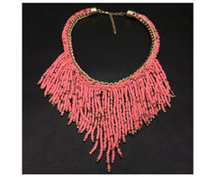 Handwoven Collier Long Tassel Beads Choker pink
