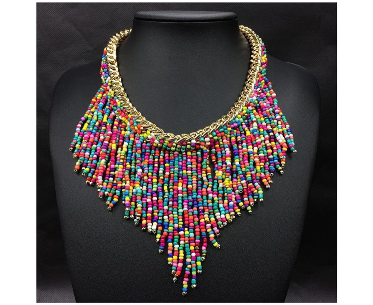 Handwoven Collier Long Tassel Beads Multicolor Choker Necklace
