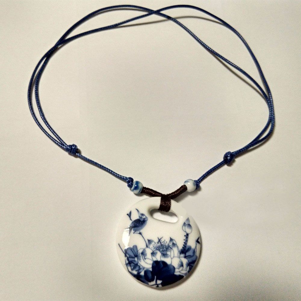 Vintage Handmade Blue And White Ceramic Pendant Necklace
