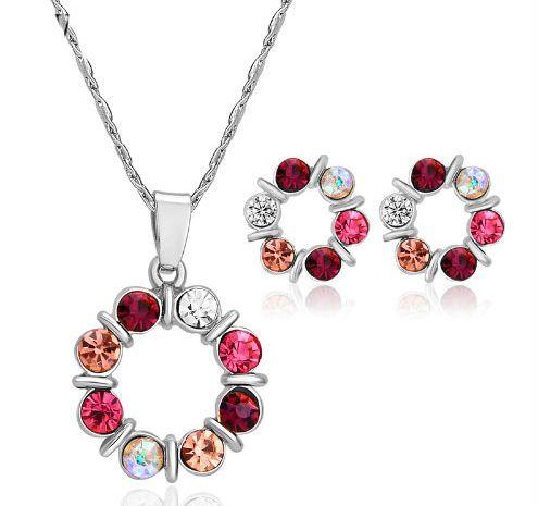 Silver Crystal Beads Necklace Set red