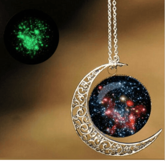 Glow in the Dark Crescent Moon and Galaxy Pendant Necklace