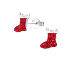 Children's Silver Crystal Christmas Stocking Ear Studs