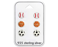 Kids Sterling Silver Football Soccer Earrings Set 
