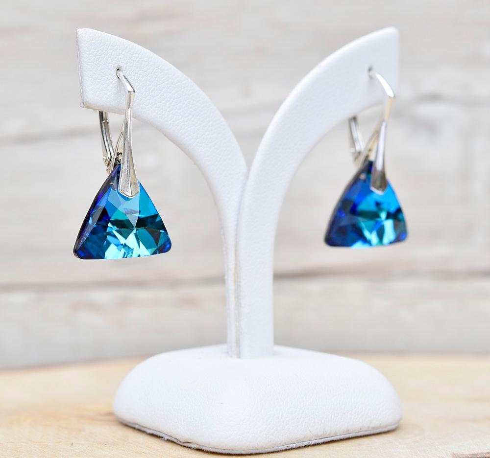 Swarovski Crystal - Bermuda Blue Leverback Triangle Silver Earrings