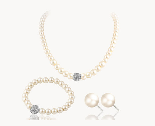 Pearl Earrings Necklace and Bracelet