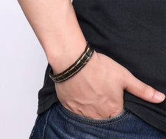 Mens Adjustable Link in Black and Gold Tone Bracelet 