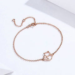 Sterling Silver Cat And Heart Bangle Bracelet - Silver & Rose Gold